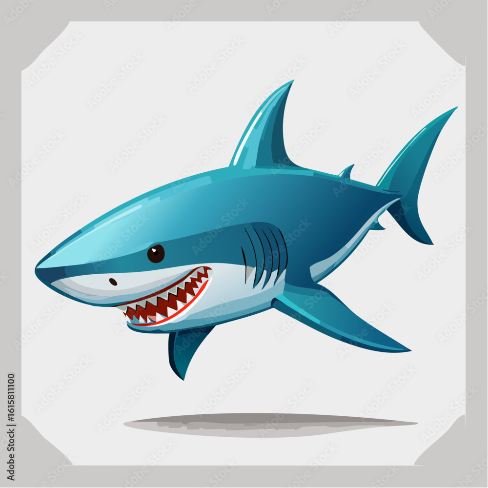 Naklejka premium Cartoon shark illustration displaying sharp teeth, fins, and a playful menacing appearance