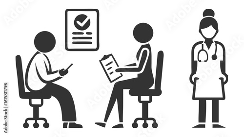 Medical Consultation Illustration with Patient Doctor Interaction and Medical Professional Representation in a Simplified Graphic Style
