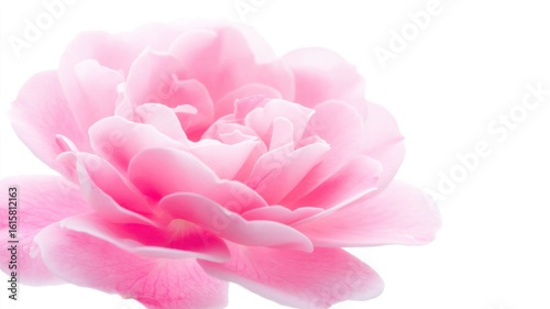 A vibrant pink rose with soft velvety petals stands out against a white backdrop,