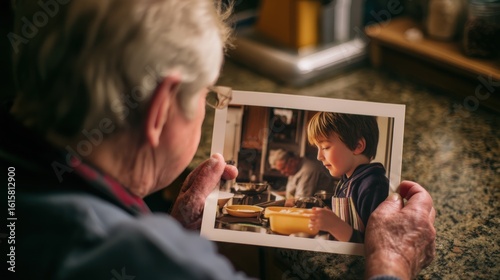 Man is holding a picture of a boy