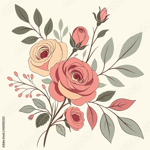 classic hand-painted floral arrangement with pink and peach roses and buds
