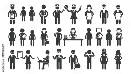 Diverse Professions Silhouette Collection Representing Various Careers Including Doctors, Business People, Construction Workers and Service Industry Staff