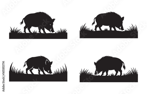 Silhouettes of wild boars grazing in grassland in a black and white vector illustration