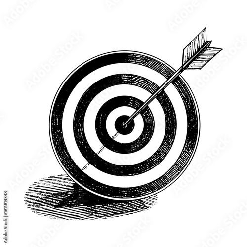 Arrow on target sketch engraving black and white outline. Scratch board imitation.  illustrated in vintage line art style on a white background.