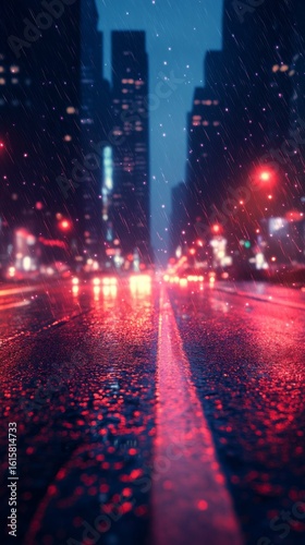 Driving on City Street in Rain at Night with Neon Lights