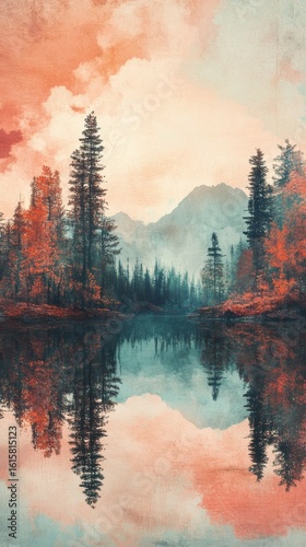 Reflective Lake Landscape with Autumn Forest and Distant Mountain