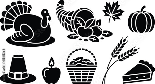 Black Thanksgiving Icons Turkey Cornucopia Pumpkin Leaf Basket Pie Candle Wheat