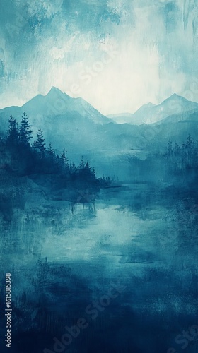 Misty Mountain Landscape with Forest and Lake in Blue Hues
