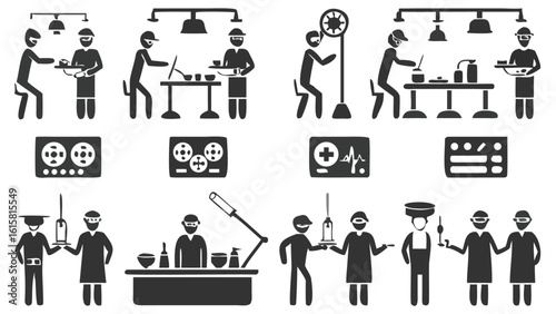 Varied Illustrations Depicting Different Professions Including Cooking Medical and Production With Various Machines and Tools On White Background