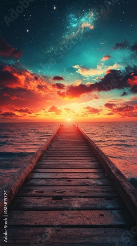 Walking on Wooden Pier Into Sunset Ocean View with Colorful Clouds