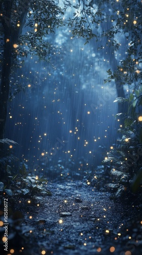 Walking in Rainy Forest with Lights Glowing on the Path