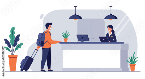 Traveler checking into hotel with luggage at reception desk