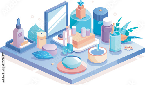 Isometric arrangement of skincare products and botanical elements in pastel colors beauty cosmetics