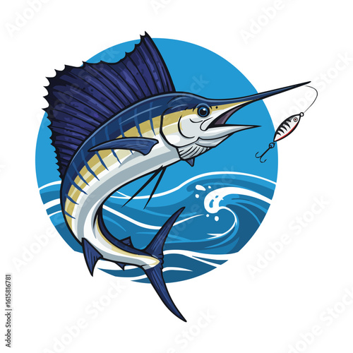 Sailfish leaping from ocean with lure, fishing concept.