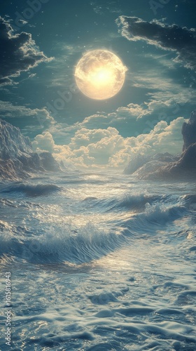Waves Crashing Under a Night Sky with a Shining Moon