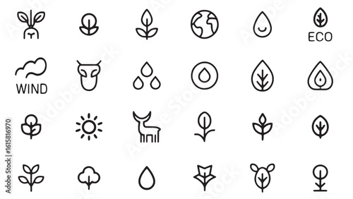 A collection of simple, hand-drawn line art icons representing nature, environment, and sustainability themes, including plants, trees, sun, and recycling symbols.