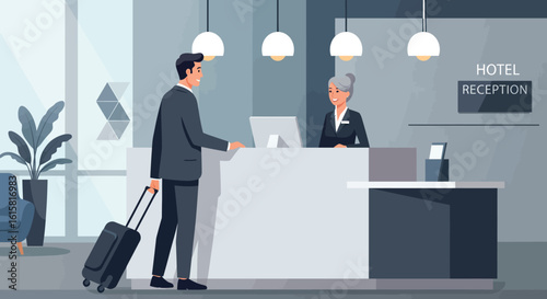 Businessman checking into hotel at modern reception desk