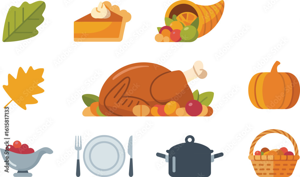 Fototapeta premium Thanksgiving Icons Illustration with Turkey Pumpkin Pie Cornucopia and Autumn Leaves