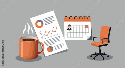 Office workspace essentials with mug, documents, calendar, and chair