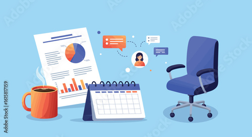 Office workspace with graphs and chair: modern business design elements