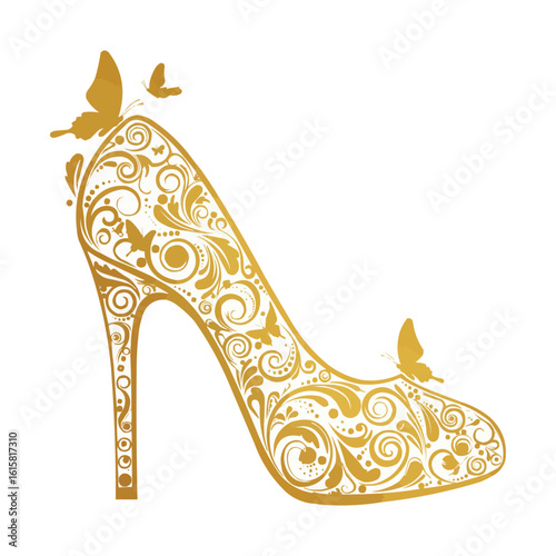 Golden Cinderella Slipper with Floral Ornament and Butterflies