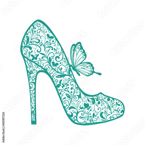 Elegant Turquoise High Heel Shoe with Butterfly Embellishment
