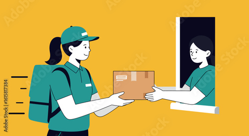 Courier delivery service concept with smiling people exchanging package