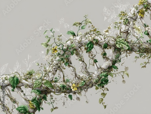 Surreal DNA Helix with Growing Trees and Lush Greenery in Nature-Inspired Composition