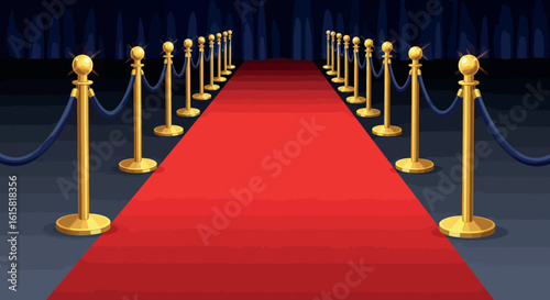 Elegant red carpet entrance with golden stanchions and velvet ropes