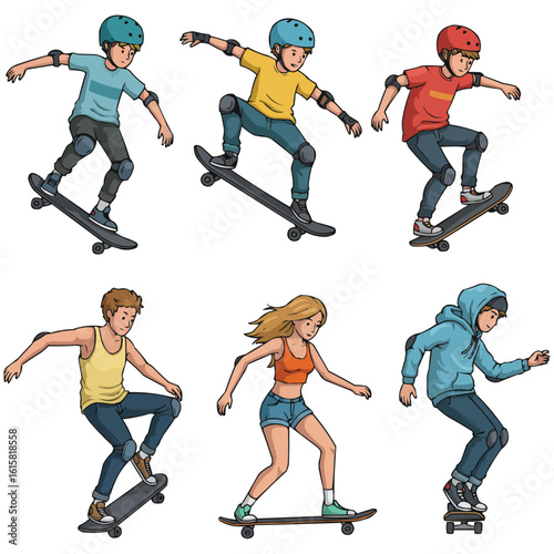 Skaters in Action Collection of Cartoon Skateboarders