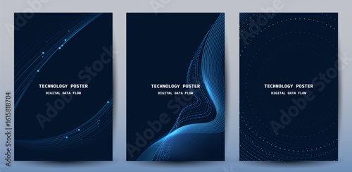 Technology Banner Poster set. Futuristic digital data wave glowing lines. Data science concept tech banner, corporate business presentation or booklet technology