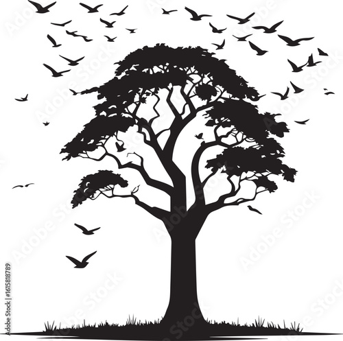 Tree with Birds flying on top tree roof side vector shape 