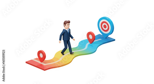 Businessman walking path to target with gradient roadmap and location markers