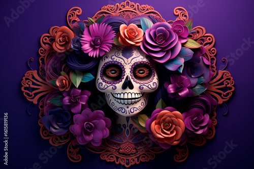 Catrina with flowers on a purple background, Mexican Day of the Dead celebration, illustration