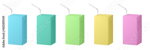 Set of juice or milk cardboard package with straw. Vector mockup set. Yellow, pink, green, blue, and teal boxes for dairy products. Banana, raspberry, blueberry or pistachio milkshake