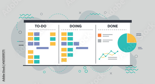 Flat style kanban board for project management with color-coded task columns