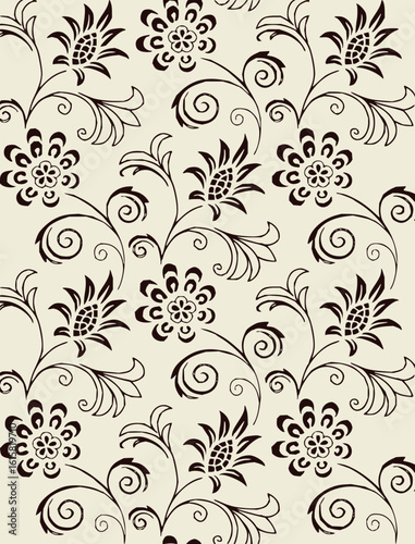 Floral pattern with swirling vines and stylized flowers in a repeating design on a light background