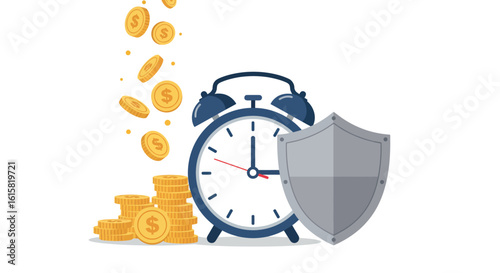 Time management and financial security concept with coins, clock, and shield