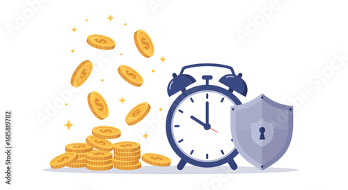 Time management and financial security: alarm clock and coins with shield symbolizing savings protection