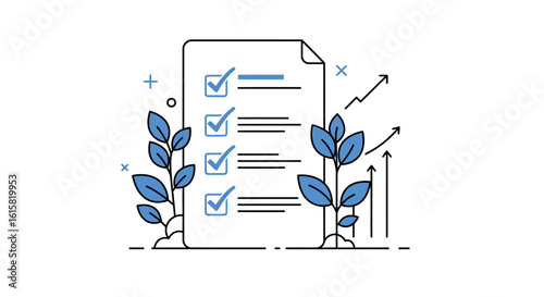 Minimalist checklist with growth arrows and blue leaves for business planning