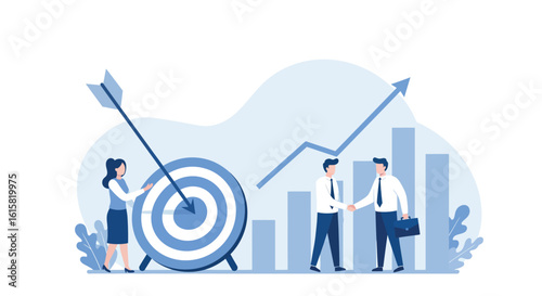 Business success achieved with teamwork and target strategies in blue tones