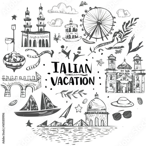 Hand Drawn Italian Vacation Elements Featuring Landmarks and Travel Icons Italy Europe