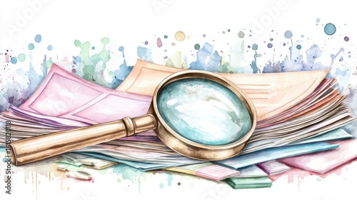 business tax with tax filing and audit preparation. Financial audit process, stack of financial reports and magnifier, compliance check, watercolor style