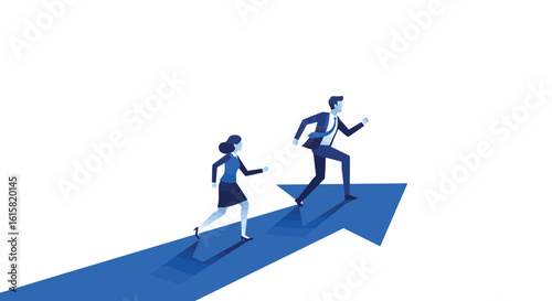 Isometric business team climbing arrow symbolizing success and growth