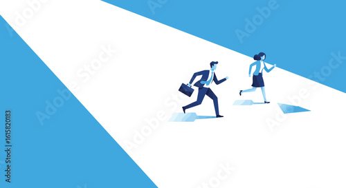 Business people in motion with dynamic blue silhouette on geometric background