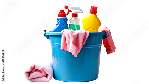 A bucket filled with various toilet cleaners, a rag, and some trash bags, all isolated on a white background.