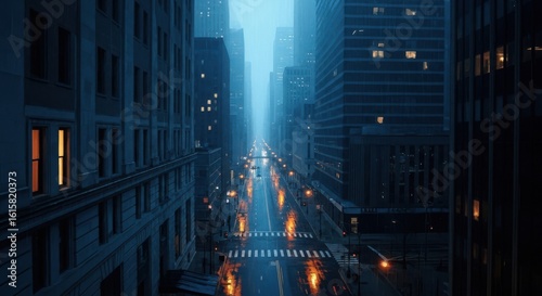 Rainy City Streetscape at Dusk with Reflective Wet Pavement