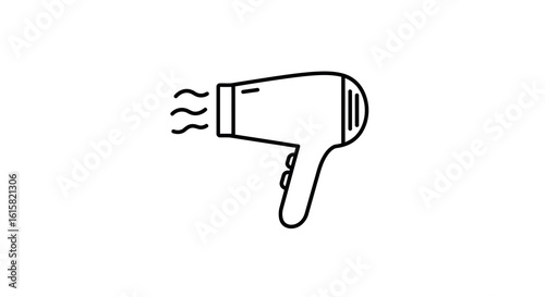 Minimalist line drawing of hair dryer with heating waves