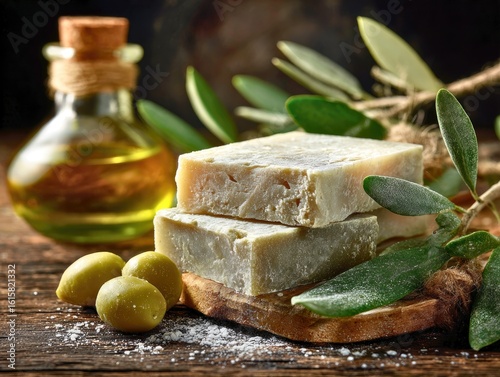Rustic Still-Life of Olive Oil Bottles and Cheese Block on Wooden Table