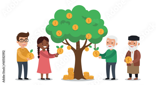 Diverse people cultivating money tree for financial growth inspiration